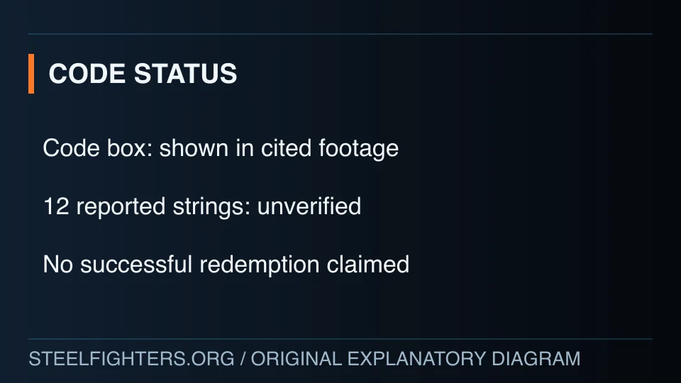 Code box shown in footage; all 12 reported strings remain unverified