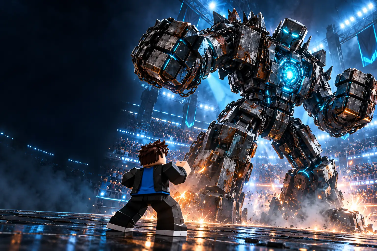 Original arena illustration of a scrap-built Steel Fighters mech under cyan floodlights